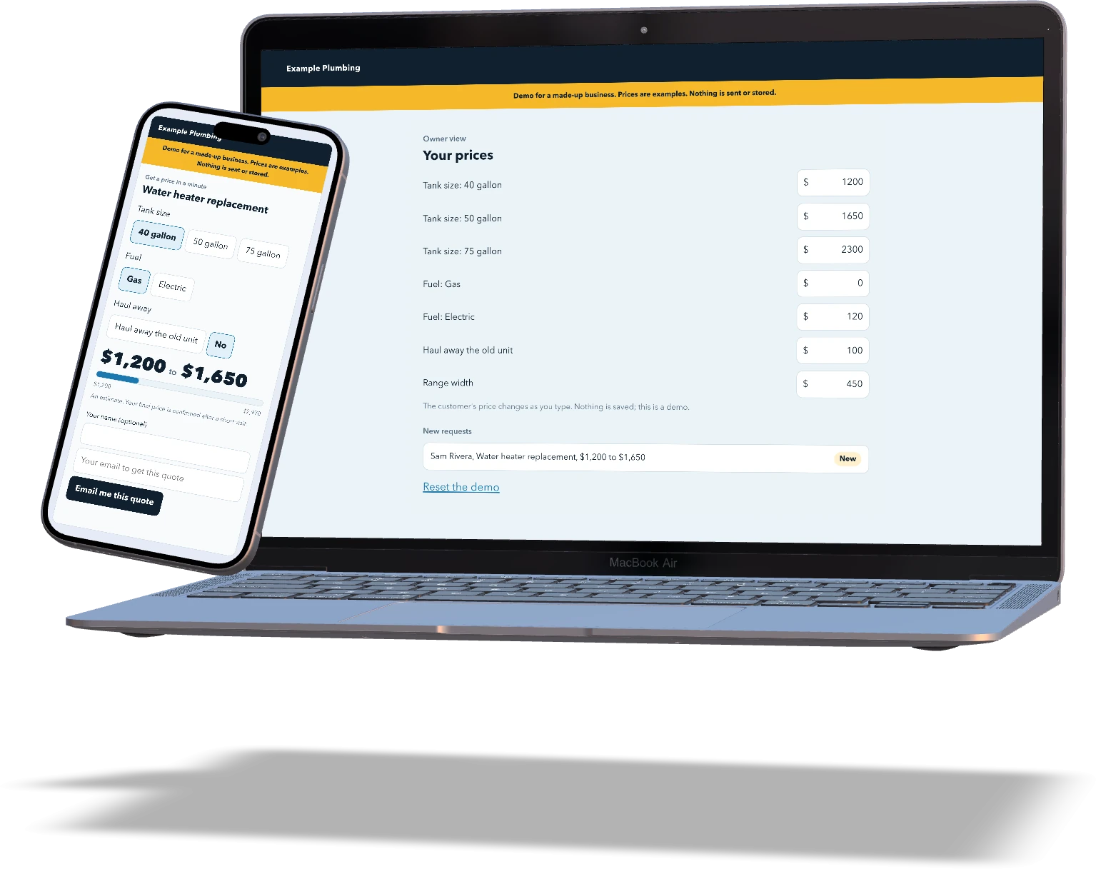 A phone showing the Quote calculator and a laptop showing the owner's price settings, both branded for Example Plumbing, a fictional business.